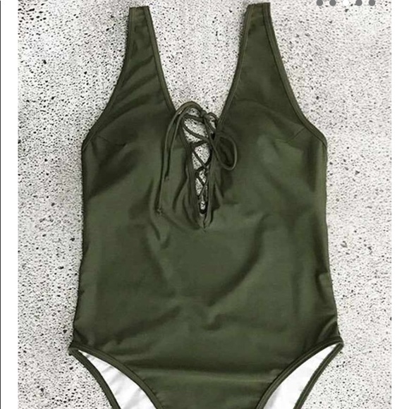 Olive Green Lace Up One-piece Swimsuit - Picture 3 of 7